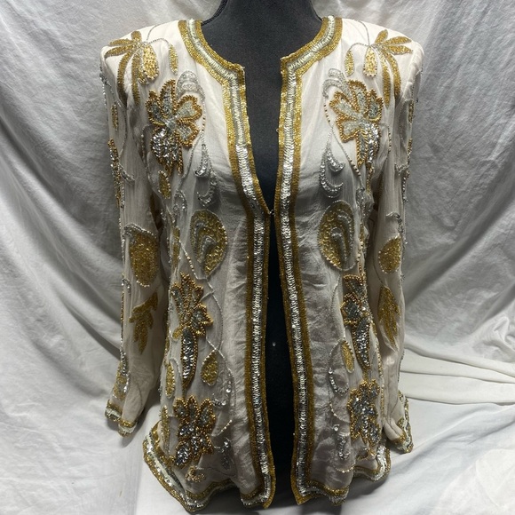Vintage Rina Z beaded sequin silk jacket sz L Cream Silver Gold Floral -RARE- - Picture 1 of 14